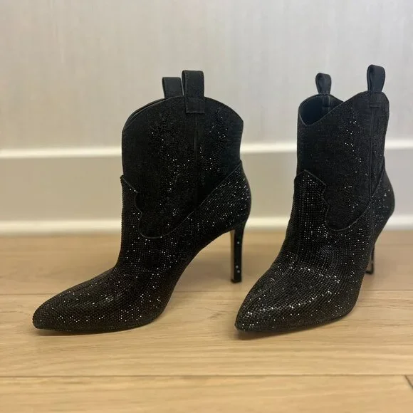 Black Rhinestone Heeled Booties Size 8.5 - Picture 3 of 5